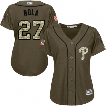 Women's Majestic Philadelphia Phillies #27 Aaron Nola Replica Green Salute to Service MLB Jersey