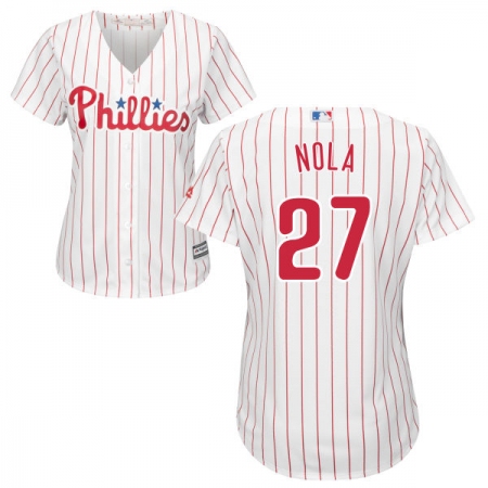 Women's Majestic Philadelphia Phillies #27 Aaron Nola Replica White/Red Strip Home Cool Base MLB Jersey