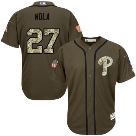 Youth Majestic Philadelphia Phillies #27 Aaron Nola Authentic Green Salute to Service MLB Jersey