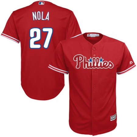 Youth Majestic Philadelphia Phillies #27 Aaron Nola Authentic Red Alternate Cool Base MLB Jersey