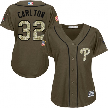 Women's Majestic Philadelphia Phillies #32 Steve Carlton Replica Green Salute to Service MLB Jersey