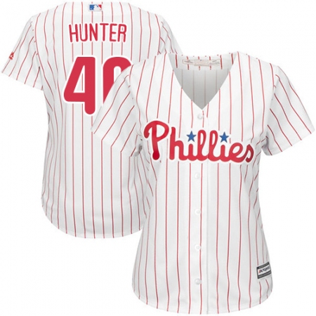 Women's Majestic Philadelphia Phillies #40 Tommy Hunter Authentic White/Red Strip Home Cool Base MLB Jersey