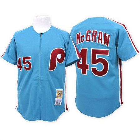 Men's Mitchell and Ness Philadelphia Phillies #45 Tug McGraw Replica Blue Throwback MLB Jersey